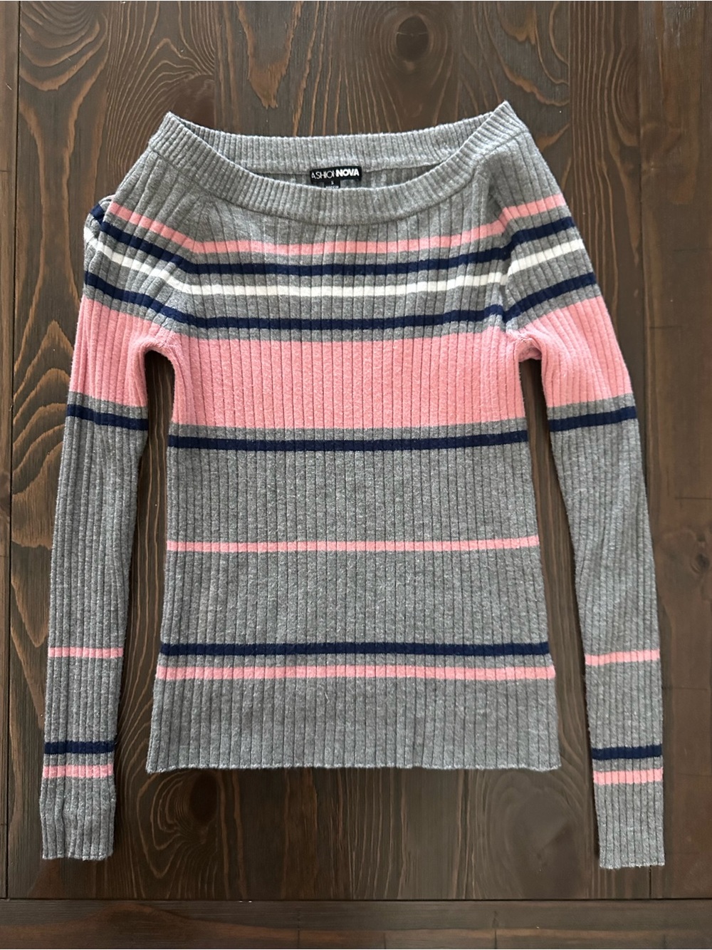 Fashion Nova Gray Pink & Navy Off-the-Shoulder Ribbed Stripe Sweater